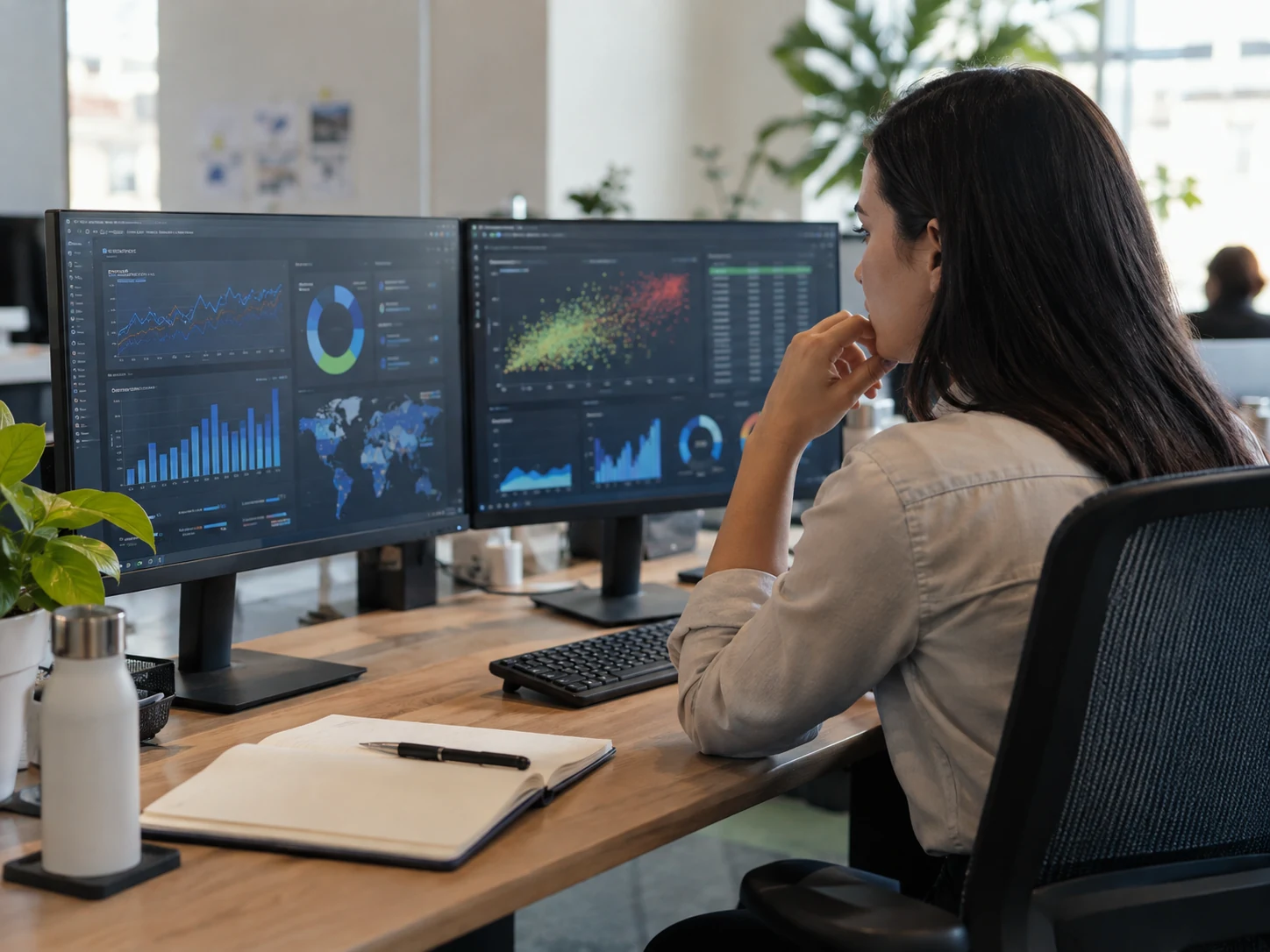 Аналитик изучает поведенческие данные и risk scoring на двух мониторах