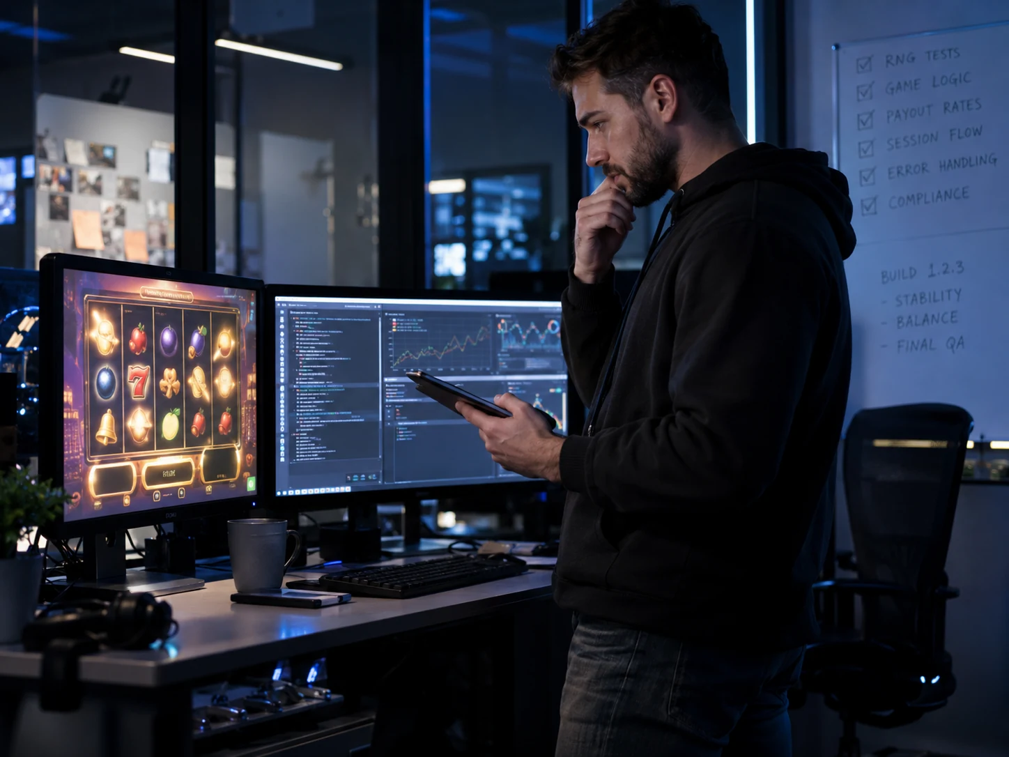 Инженер проверяет RNG, игровую логику и технические параметры игры