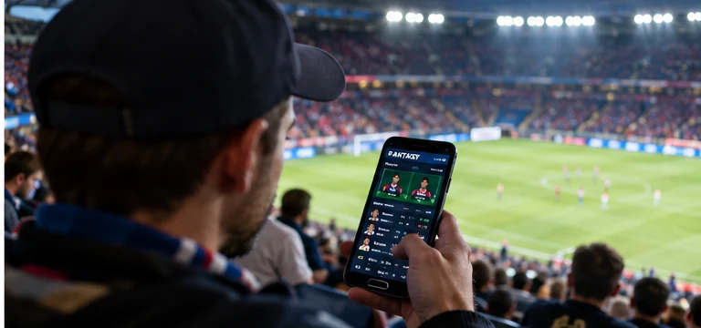 Болельщик сверяет статистику Fantasy Sports во время матча на стадионе