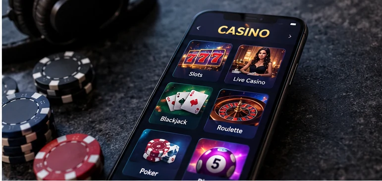 Мобильный интерфейс online casino со слотами, blackjack и roulette